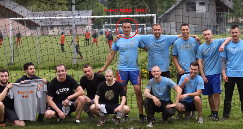 Théo Martinez dans l'équipe d'EdelweiSS Pays de Savoie, lors d'un tournoi de foot néo-nazi organisé en mai 2015, au coté des fascistes du GUD Lyon.